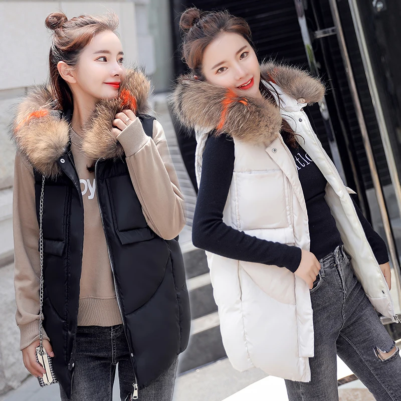Hot 2018 Women Large Fur Collar Vest Waistcoat Female Winter Slim Hooded Long Vest Sleeveless Jacket Lady Thick Warm Outwear