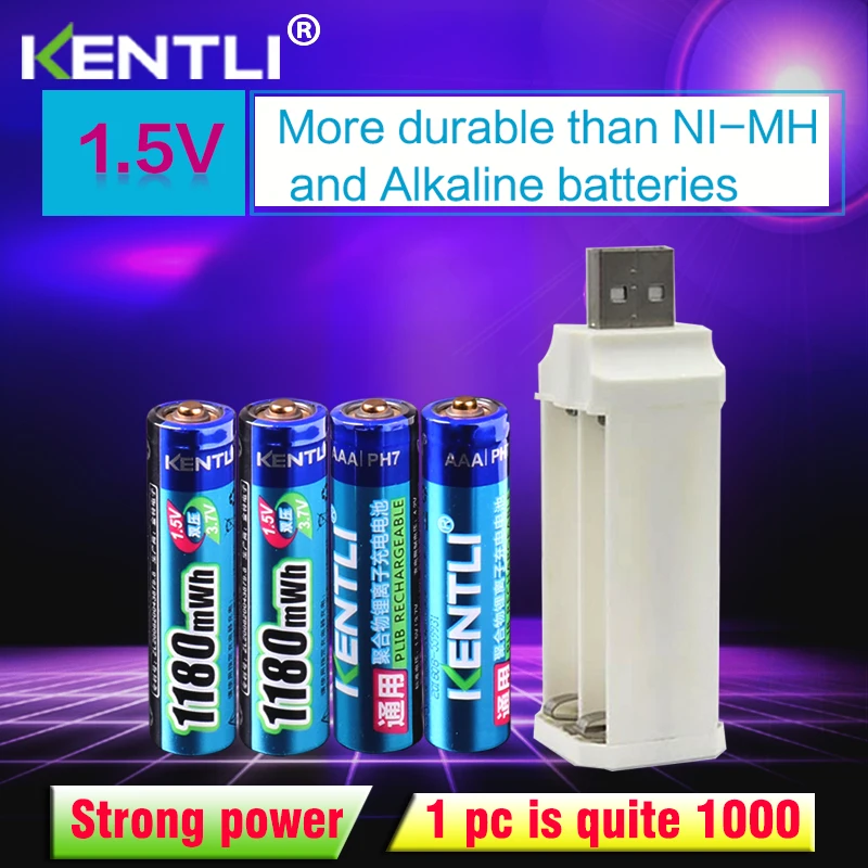 

4pcs KENTLI 1.5v 1180mWh aaa polymer lithium li-ion rechargeable batteries battery + 4 slots lithium li-ion charger