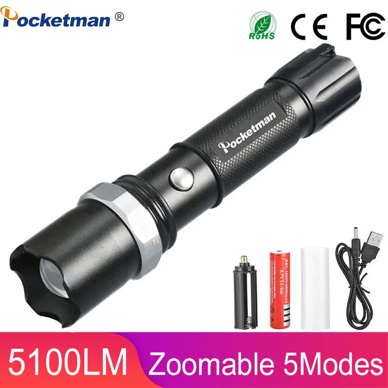 

LED Tactical Flashlight 5100 Lumens XM-L T6 Zoomable Lanterna LED Torch Flashlights For 18650 Rechargeable Battery or AAA