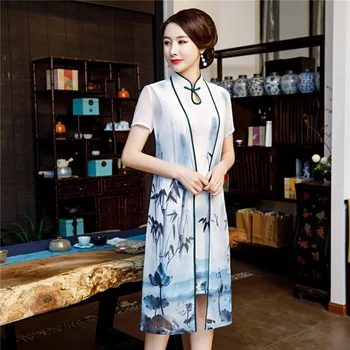 

Shanghai Story 2019 Spring Summer Chinese Traditional Dress Set Cheongsam Qipao Dress with Faux Silk Coat 2 Pieces Set