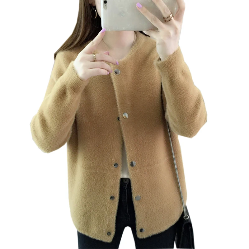 ^Cheap Fashion Loose Cardigans Sweaters Faux Mink Fur Long Sleeve Knitted SweatersTops Spring Autumn Women Sweater Coats FP1585