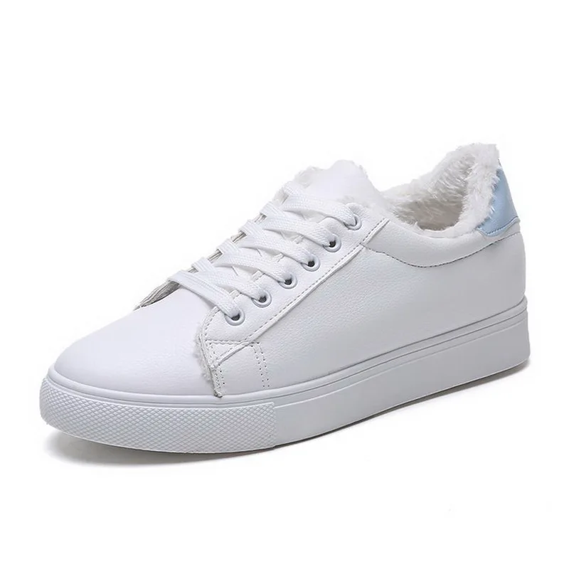 

2018 Winter Warm Women White Sneaker Fashion Footwear Lace Up Lady Shoes With Soft Fur Lining Candy Color Back