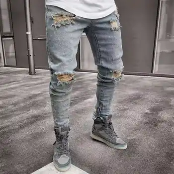 

Men Clothes 2018 Hip Hop Side Striped Skinny Motorcycle Denim Pants Zipper Smoke Gray Jeans Mens Casual Men Jeans Trousers