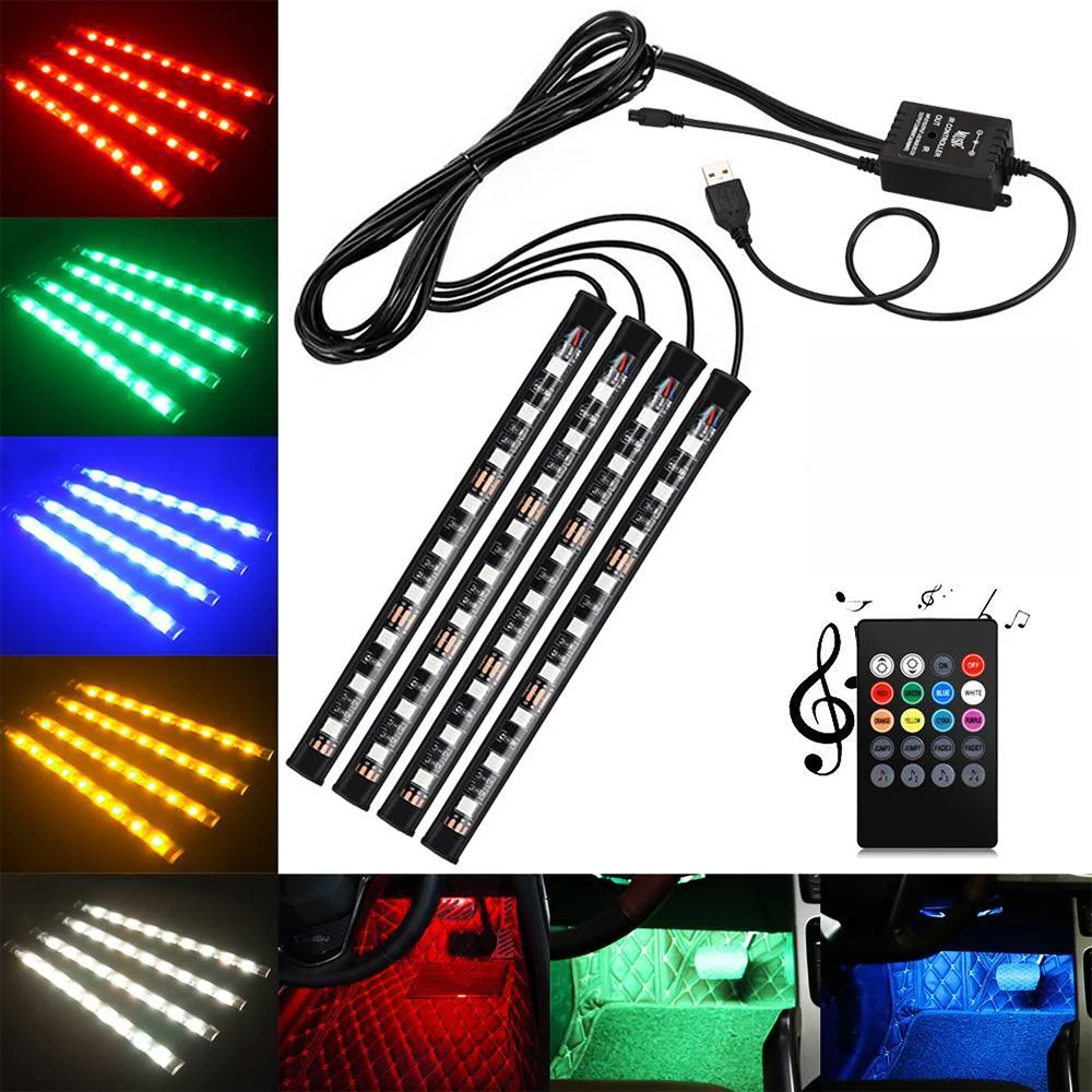 4x DC12V 9 светодиодный RGB Автомобильный интерьер атмосфера Footwell полоса светильник USB зарядное устройство 4x DC12V 9 светодиодный RGB Автомобильный интерьер атмосфера Footwell полоса светильник USB зарядное устройство