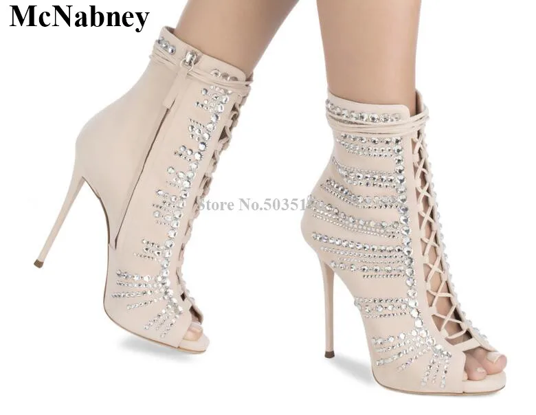 

McNabney Summer Women Short Boots Cross-tied Rhinestone Ankle Strap Zipper Peep Toe Stiletto Heel Sexy New Fashion Women Shoes