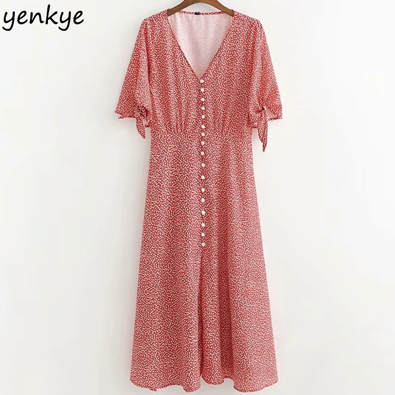 

Holiday Summer Dress 2019 Women Tie Cuffs Short Sleeve Floral Print Dress Elegant Lady V Neck A-line Long Dress XDWM1991