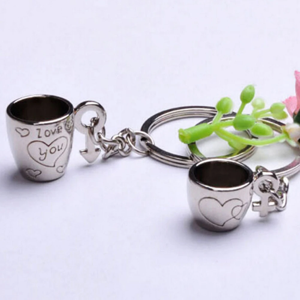 Mini Couple Forever Love Coffee Cup Heart Engraved Key Chains Keyrings 