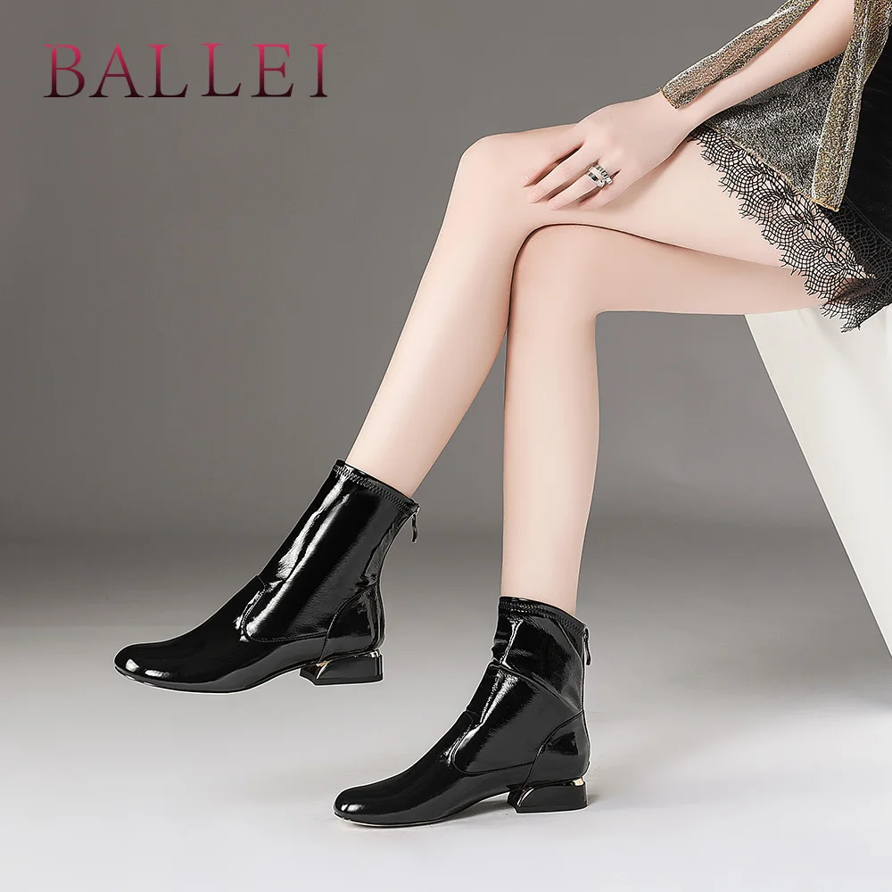 

Handmade Woman Ankle Boots Luxury Patent Leather Square Toe Low Heel Shoes Zipper Solid Casual Soft Fashion Boots B149