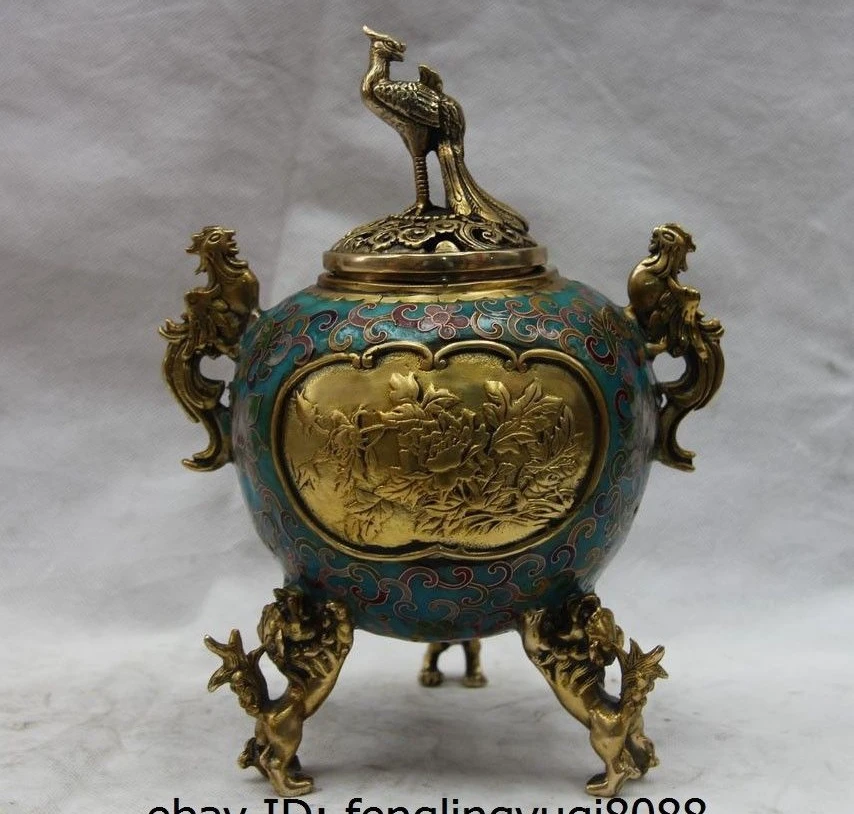 9 Китай Бронза Медь cloisonne феникс птица Foo Собака Лев курильница | Дом и сад