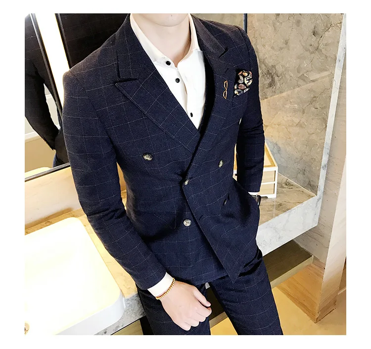Куртка+ Штаны+ жилет) заказ шерсть мужчин костюм для свадьбы Slim Fit Пром Жених партия костюм для синий двубортный