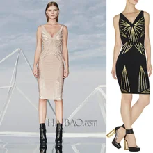 High quality New Dress Luxury fashion Beige and black Sequins Sexy V-neck Bandage dress (L672)