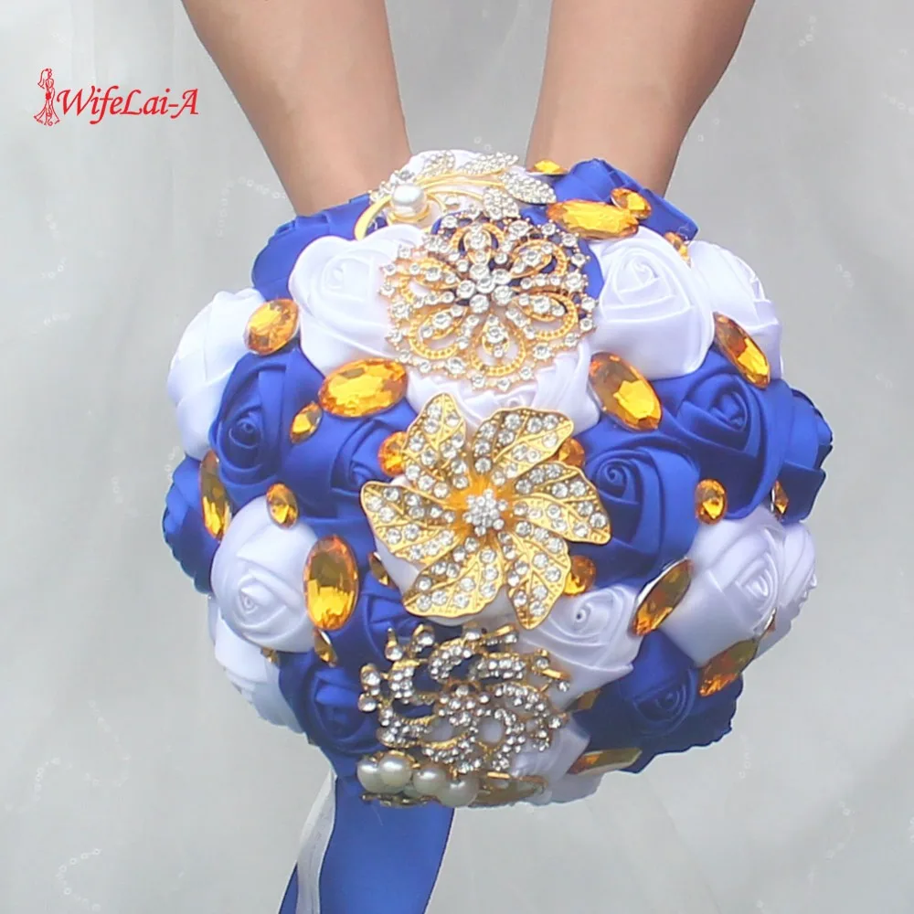 

WifeLai-A Gold Brooch Hand Holding Flower Bouquets Custom Royal Blue Ivory Bridal Bridesmaid Crystal Silk Wedding Bouquet W227