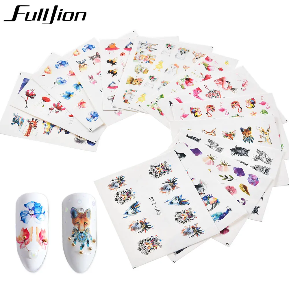 Fulljion 15 шт Животные наклейки для ногтей милые Фламинго Олень Кролик кошка водяные