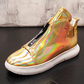 

High Top Fashion Sneakers Men Shoes Gold Silver Patent Leather Shoes Bright Waterproof Hip Hop Casual Leather Boots Men Loafers