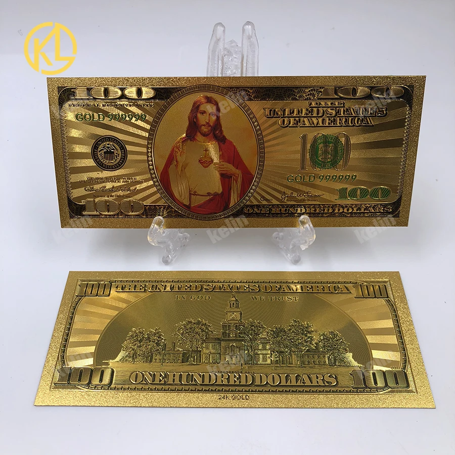 

100pcs/lot Colorful USA Banknotes Jesu 100 Dollar Bills Bank Note in 24K Gold Plated Fake Currency Money For Gifts Free Shipping