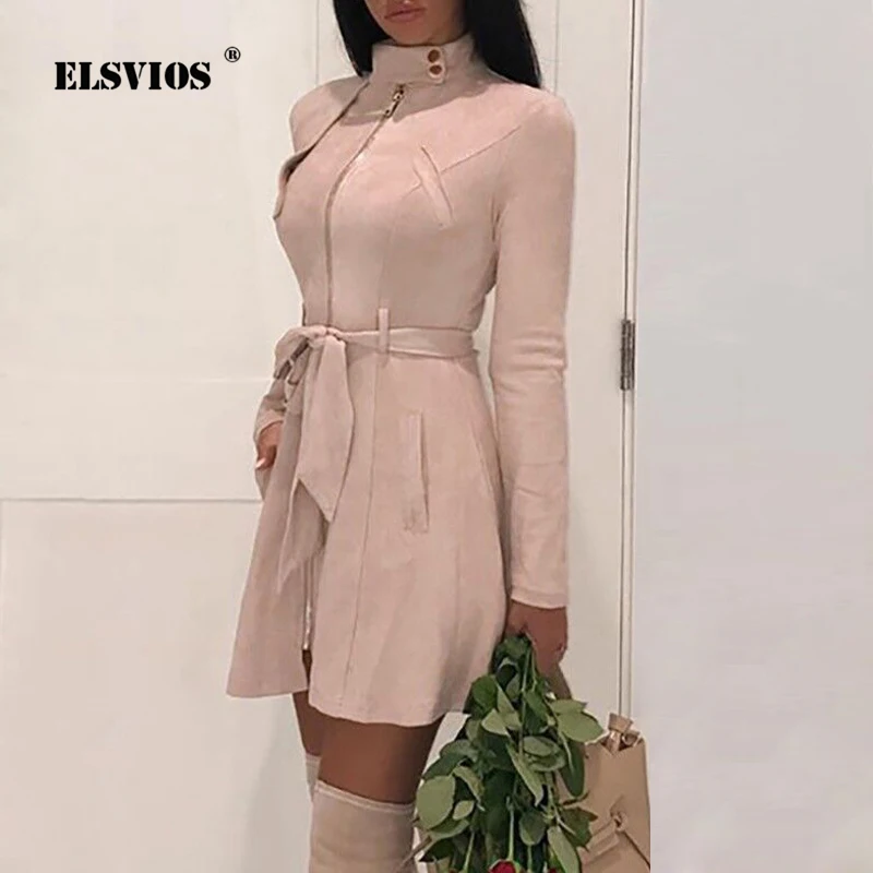 ELSVIOS Zipper Faux Suede Leather Dress 2018 Autumn Long Sleeve Mini Short Dress with Belt Women Chic Slim A-Line Party Dresses
