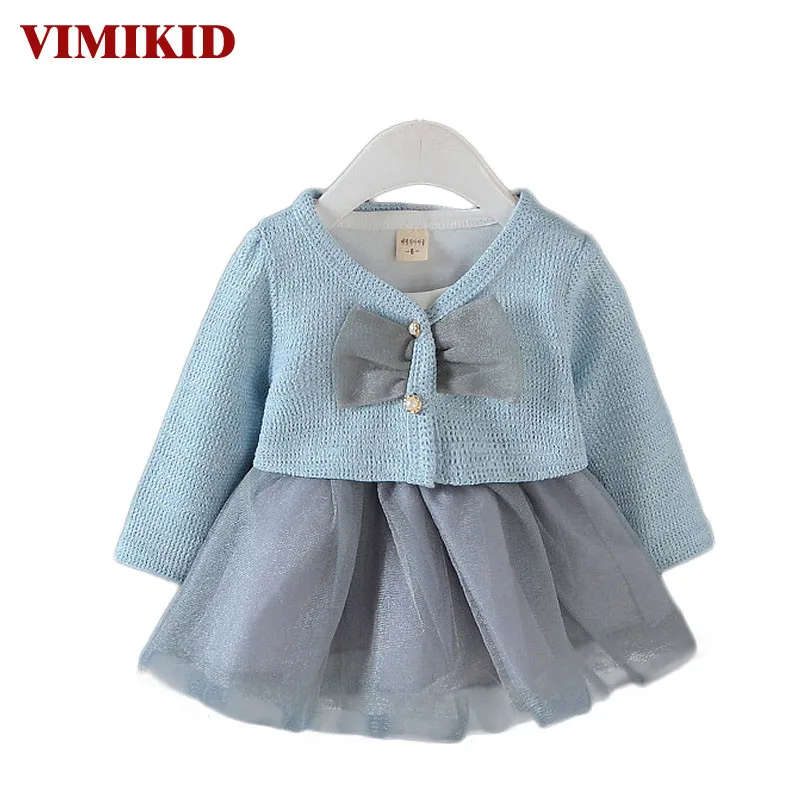 Vimikid детская одежда 2017 одноцветное Цвет галстук-бабочку пальто + белый топ чистая Пряжа платье-пачка 2 шт. Костюмы Комплекты одежды детей