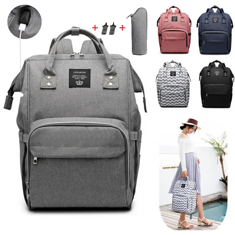 

LEQUEEN Diaper Bag Pure Color Men's Mummy Baby Care Nappy Bag 44CM Large Capacity Waterproof Outdoor USB Backpack Travel Bag