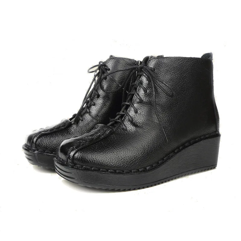 Xiuteng/зимние женские ботинки из натуральной кожи; Новинка года; модные кожаные ботинки; бархатные ботинки на танкетке; женская обувь с высоким берцем - Цвет: Черный