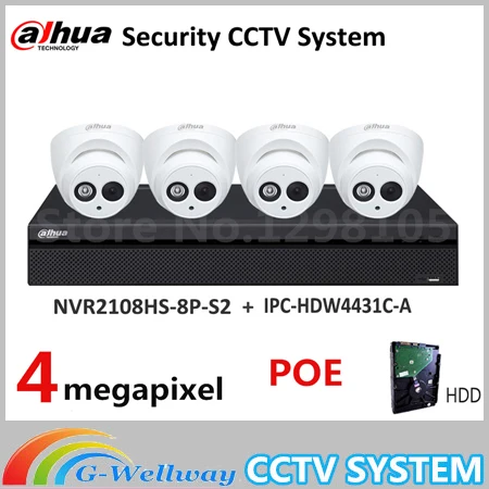 

Dahua Security Camera System 4MP IP camera IPC-HDW4433C-A & 8POE NVR2108HS-8P-S2 Surveillance P2P System Remote Viewing