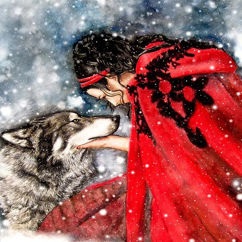 

5d Diamond Painting Full Square Drill Oil Red Cloth Girl Snow Wolf Diamond Embroidery Mosaic Kit Picture European Home Decor