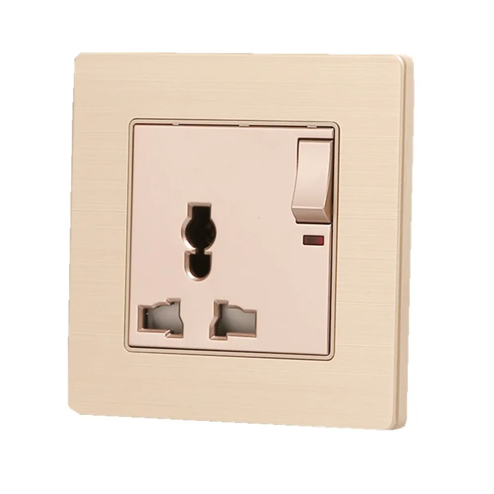 

COSWALL 1 Gang Wall Power Switched Socket Grounded+ Neon Indicator Universal Electrical Outlet Gold Aluminum Brushed Panel