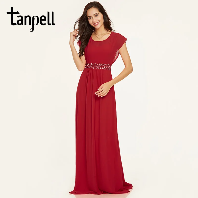 

Tanpell scoop neck evening dress red cap sleeves floor length a line gown cheap women beaded sashes prom long evening dresses