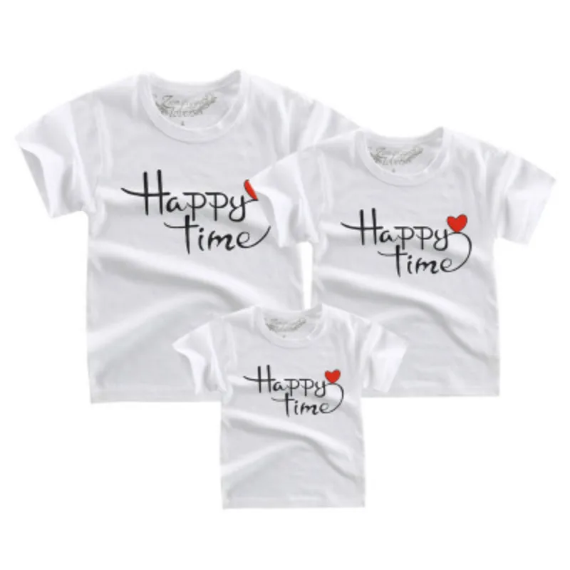 Летние Рождественские одинаковые комплекты для семьи футболки с коротким рукавом с принтом «Happy Time» для мамы и дочки, одежда для папы и сына