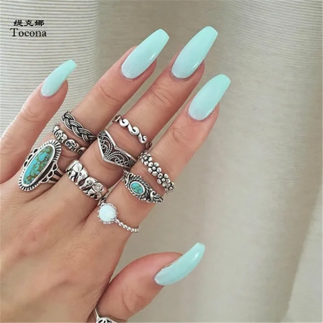 Tocona 9 pz/set Boho Elefante Onda Fiore Intagliato Finger Knuckle Midi Anelli S Tocona 9 pz/set Boho Elefante Onda Fiore Intagliato Finger Knuckle Midi Anelli S