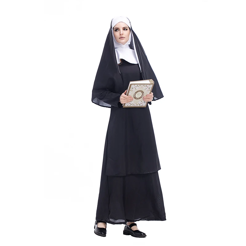 Костюм Девы Марии монашки, сексуальный женский костюм с длинным черным капюшоном, костюм монаха в арабском стиле, костюм монаха вампира, костюм ведьмы, вечерние костюмы на Хэллоуин