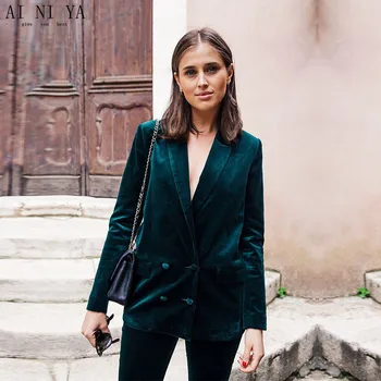 

Custom Made Dark Green Women Business Suits Velvet Formal Office Uniform Style Slim Fit Work Wear 2 Piece Sets Double Breasted