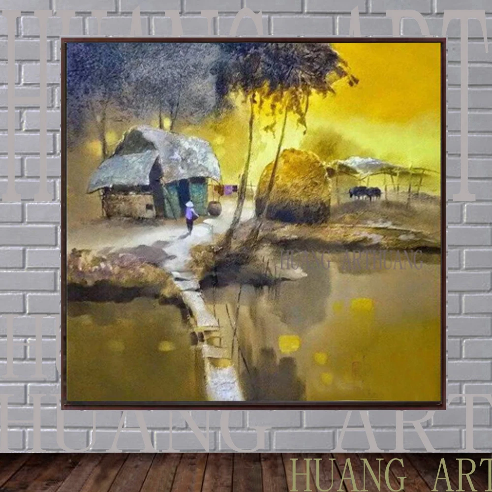 

Famous Artist Palnter Dang Can Vietnam original golden scenery thatched house painting decorative family hotel club
