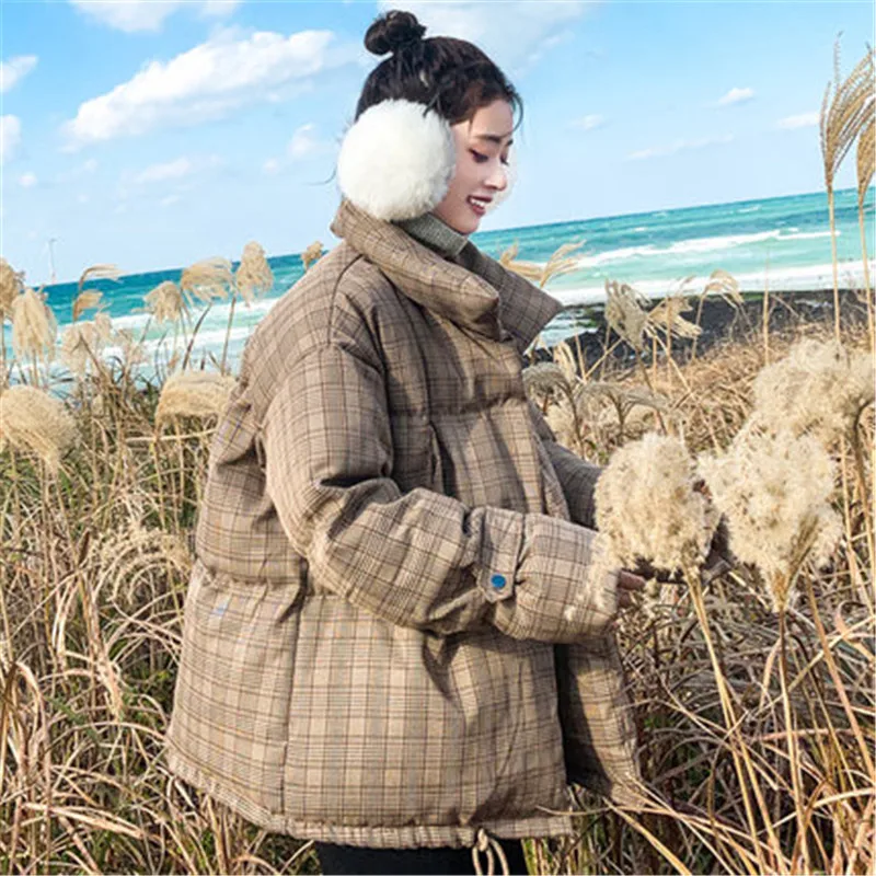 New korean Coats Short Chic Cotton Clothes Female Casual loose Plaid Parkas Coat warm Parkas Women Winter Jackets Tops XA49