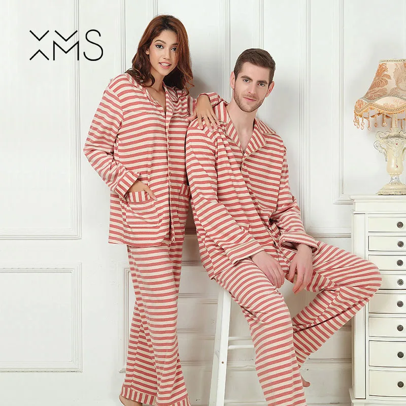 XMS 100 Cotton Men's Stain Pajama Set Striped Pattern Pajamas Men