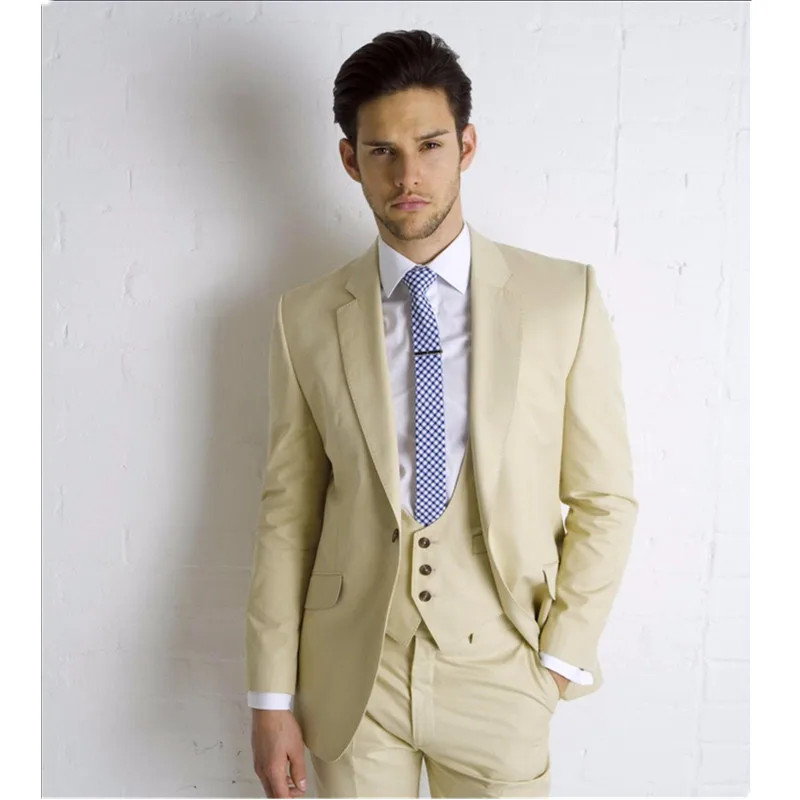 

Fashion classic men's suit beige lapel single-breasted men's business office professional suits (jacket + pants + vest) custom