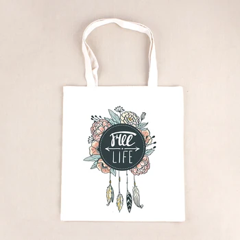 

High Quality Cotton Canvas Colorful Feather Flower Print Bags Storage Bag Shoulder Handbags For Women Zipper Tote Bag BB247