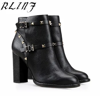 

RLINF2018 Studded Belt Buckle Metal Ankle Boots Women's Ankle Boots SIZE 34-46