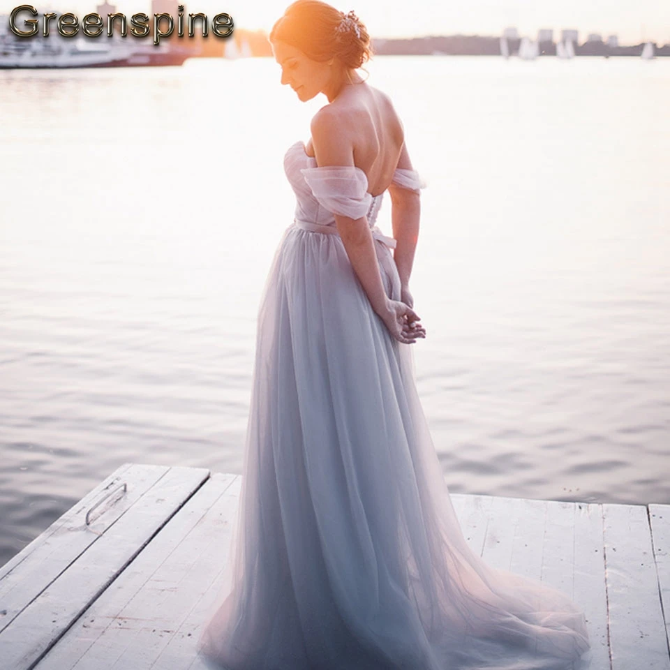 

Dusty Blue Beach Wedding Dress Off the Shoulder 2019 Vestido de novia Vintage Bridal Gown Wedding Dresses with Detachable Sash