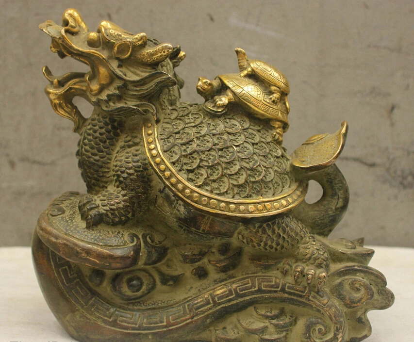 

Chinese Folk Culture Handmade Old bronze Brass Statue Lucky Dragon turtle Ruyi