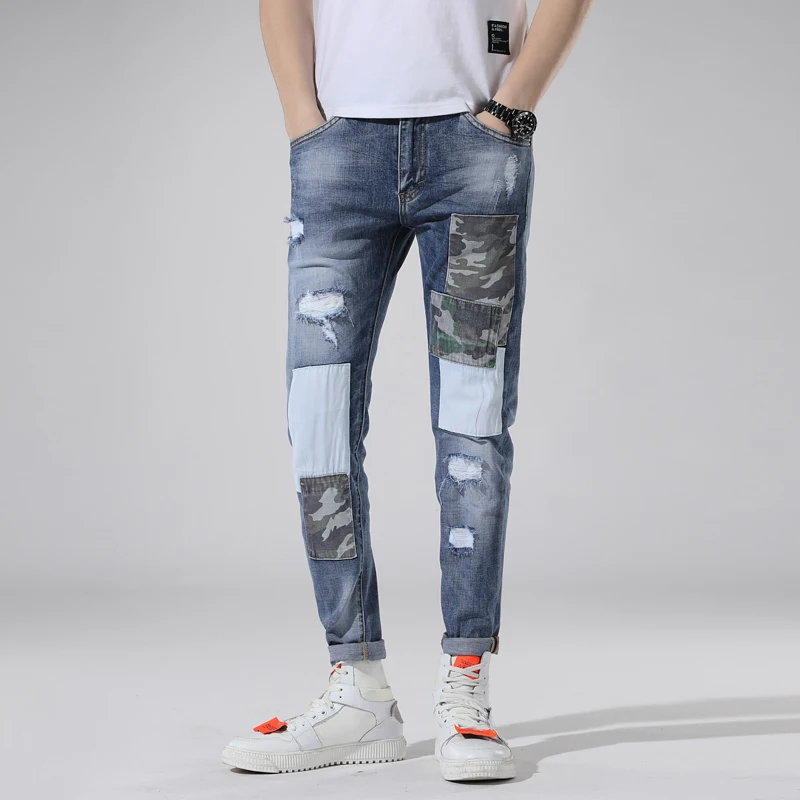 

New Torn ripped jeans for men camouflage spliced skinny blue mens jeans elastic stretch slim pants clothes hip hop Spring Summer