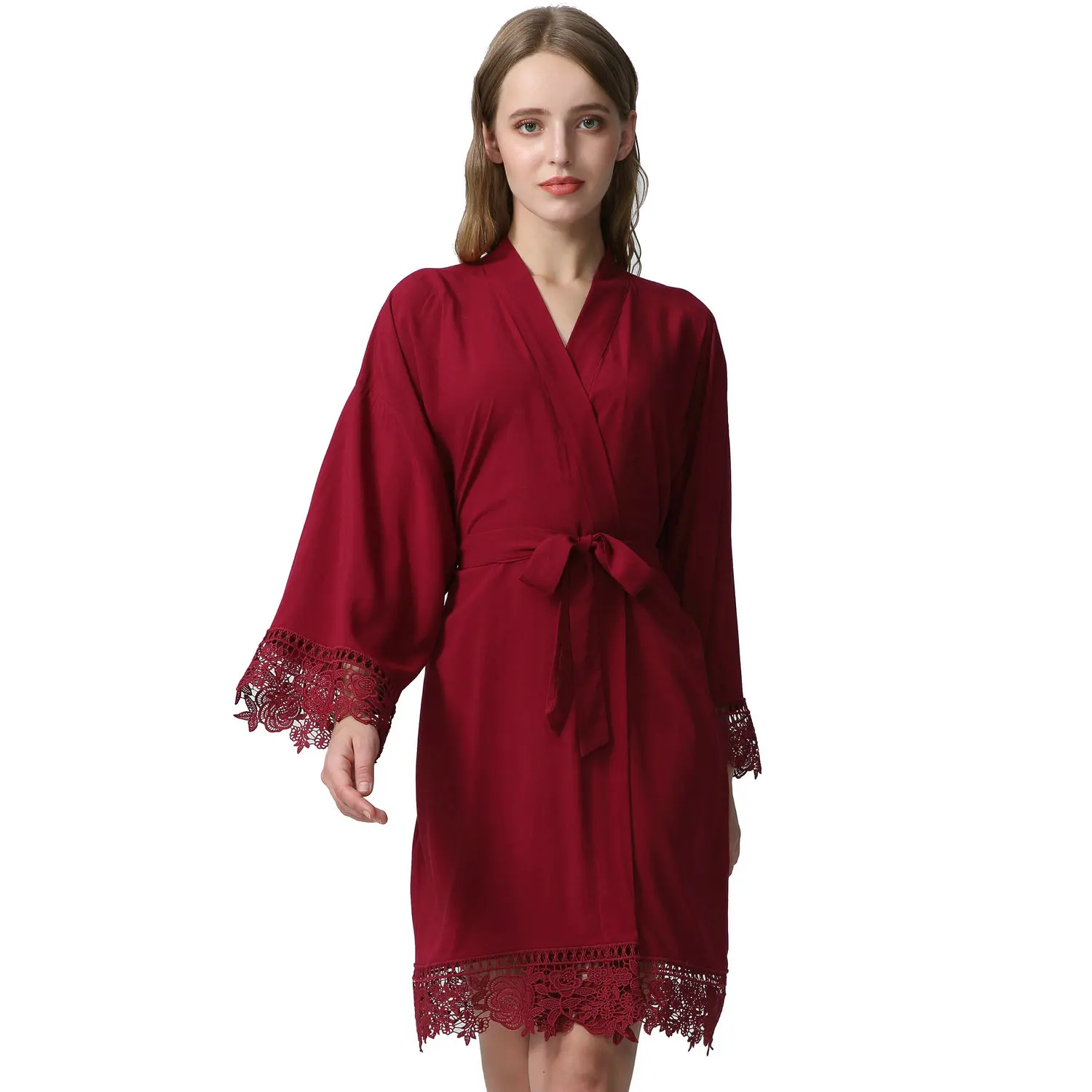 

YUXINBRIDAL Wedding Solid bride Rayon Cotton Kimono Robes With Lace Trim Women Wedding Bridal Robe Short Belt Bathrobe 001