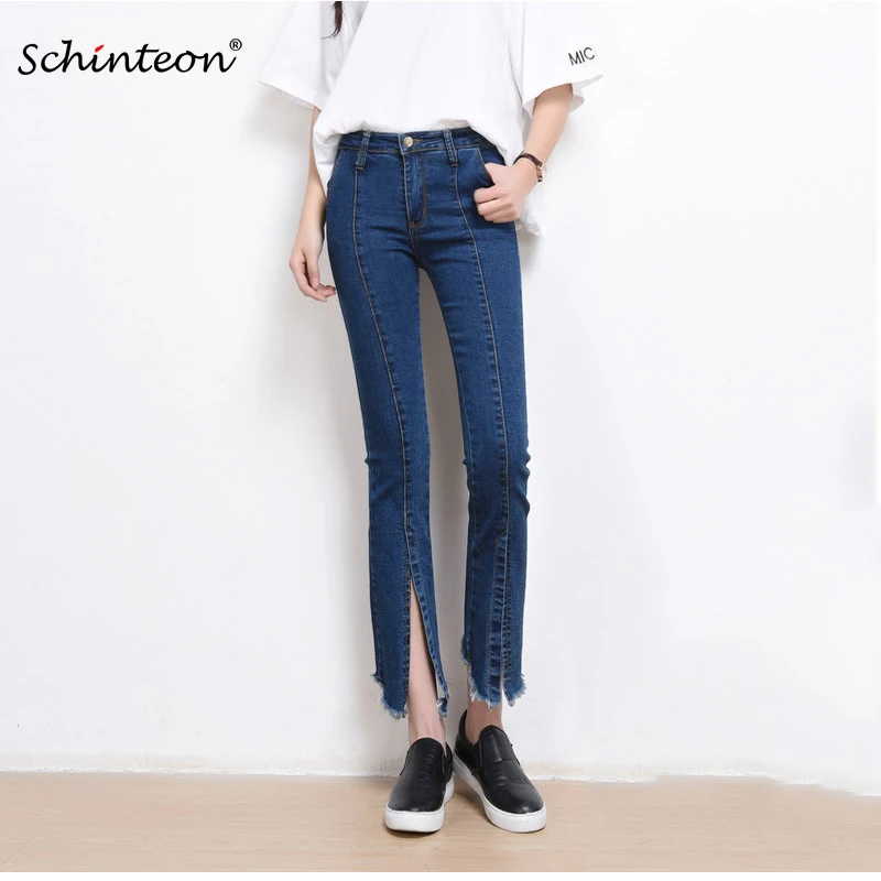 

Plus Size 2018 Women Denim Spliced Pencil Pants Ankle Length Slim Trousers Split Opening Leg Unique Black Blue Fast Shipping