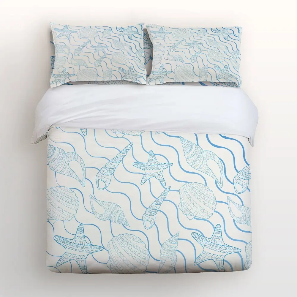 

4 Piece Bed Sheets Set, Beach Ocean Theme Light Blue Starfish and Seashell with Abstract Wave Patterns