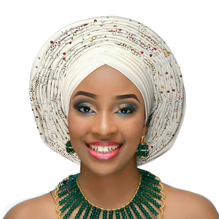 Африканский головной убор нигерийский головной убор с бисером камни Авто геле Африканский гель для женщин Свадебная вечеринка - Цвет: white