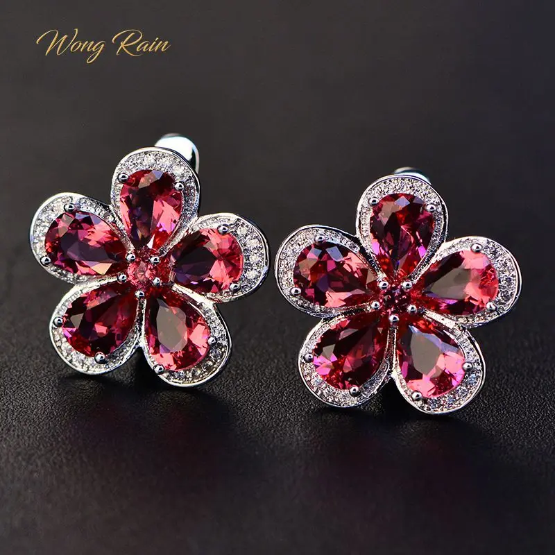 

Wong Rain 100% 925 Sterling Silver Ruby Gemstone Flower Plant Earrings Hoop Earrings Women Fine Jewelry Wholesale Drop Shipping
