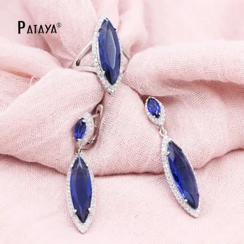 

PATAYA RU Hot Dark Blue Horse Eye AAA Natural Zircon Earrings Ring Set True White Gold Jewelry Women Wedding Luxury Jewelry Set