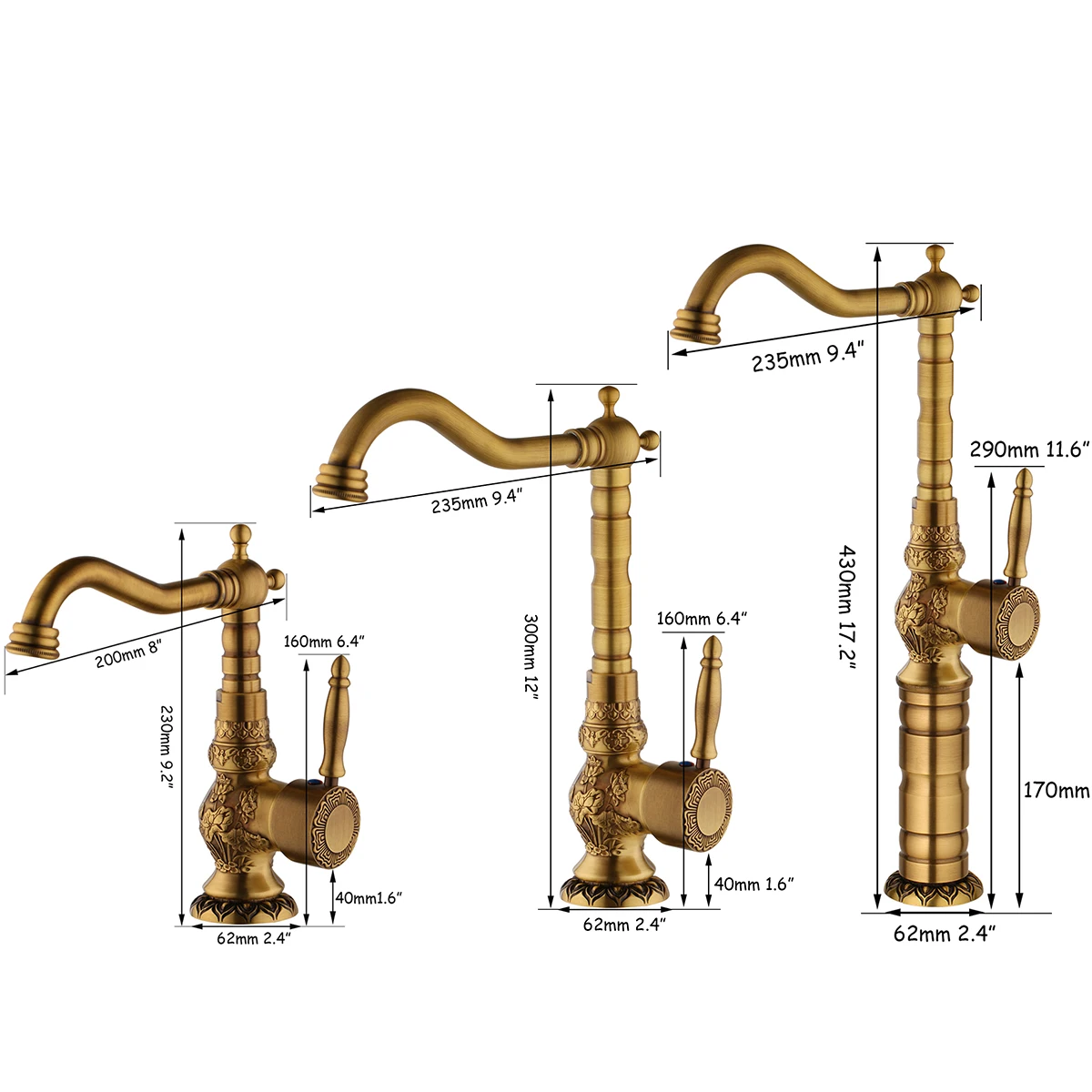 KEMAIDI, 3 размера, античный латунный кран для ванной комнаты с длинным носиком, кран для умывальника, кран для раковины, вращение на 360, одна ручка, смеситель, torneiras
