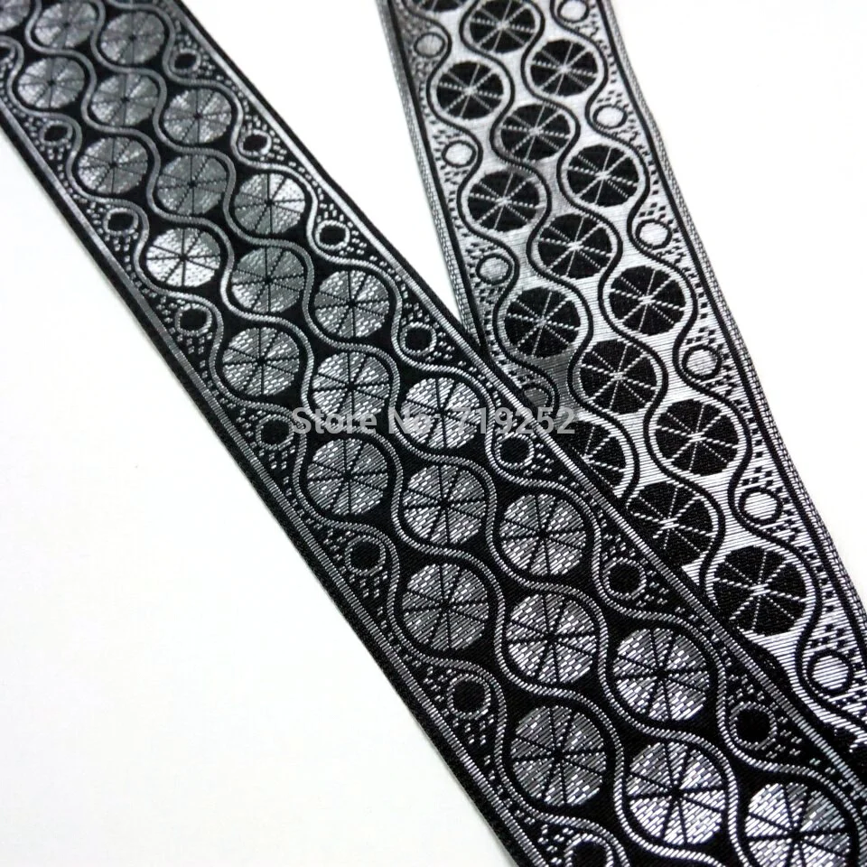 

50mm 5cm 2'' Black Silver Vintage Dots Lotus Leaf Costume Curtain Laciness Embroidery National Jacquard Ribbon Woven Webbing