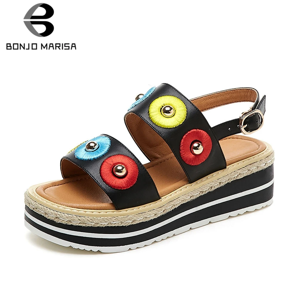 

BONJOMARISA Brand New women's Genuine Leather Shoes Summer Sandals 2020 Ladies Wedges Med Heels Shoes Woman Casual Sandals