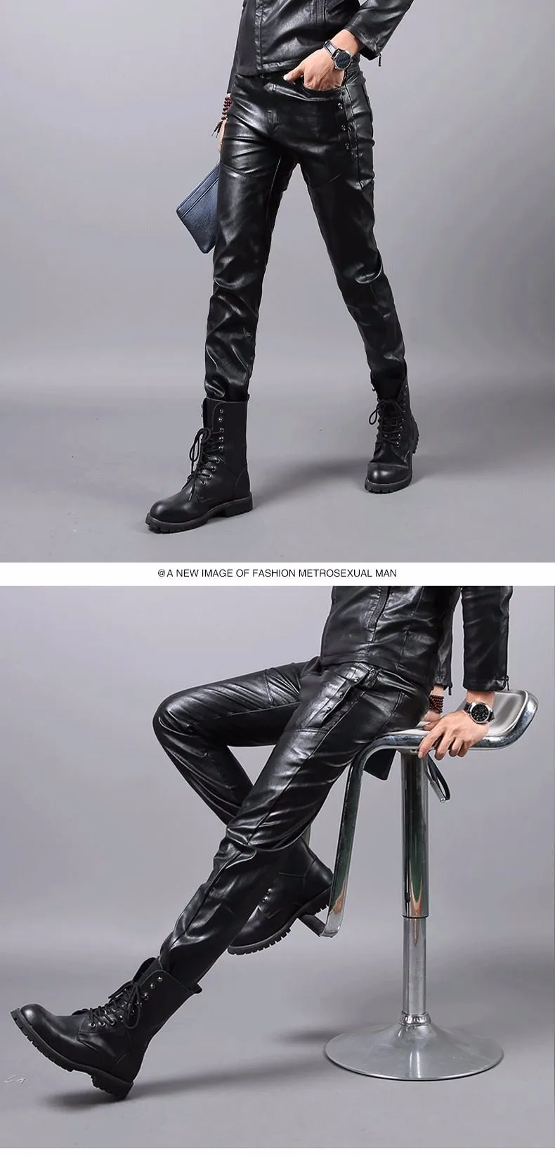 Новые мужские европейские и американские модные мужские тонкие брюки для мытья воды, мужские кожаные брюки